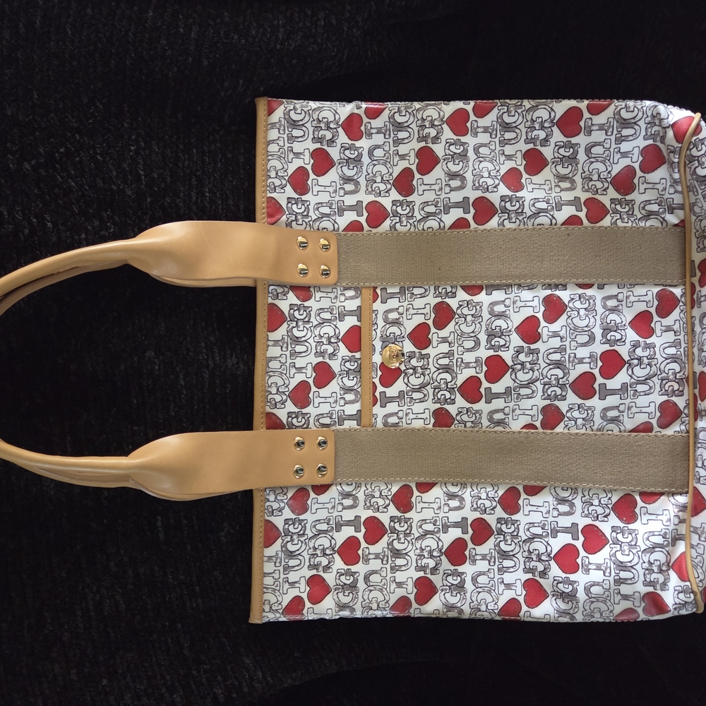 Stylish Heart Print Tote Bag - Tan and Red
